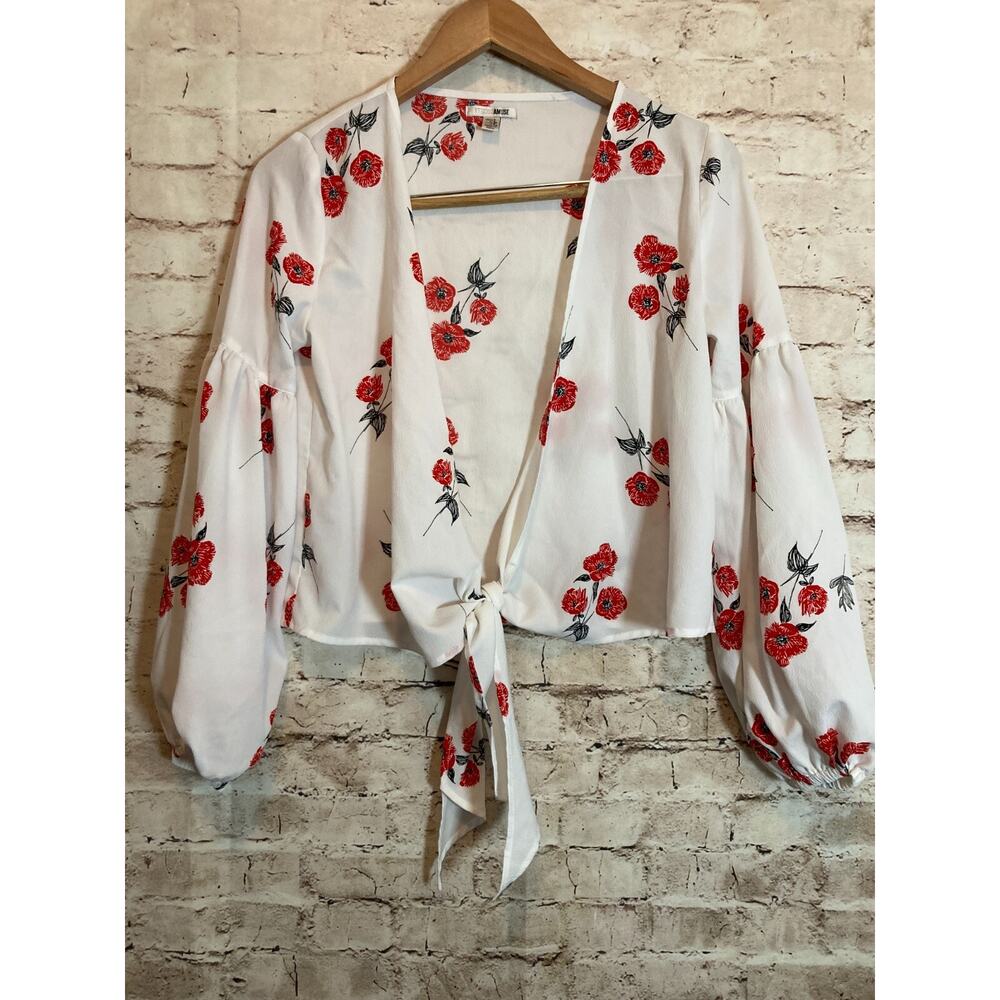 Society Amuse Crop Top Womens Small White & Red Floral Open Tie Front Boho